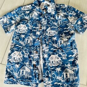 Disney Lillo and Stitch Blue and White Tropical Kids Button Down Shirt